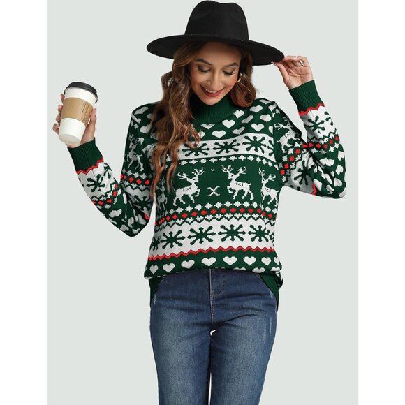 Women Ugly Christmas Green##1 Sweater Reindeer Snowflake Knit Pullover Crew Neck - Picture 2 of 6